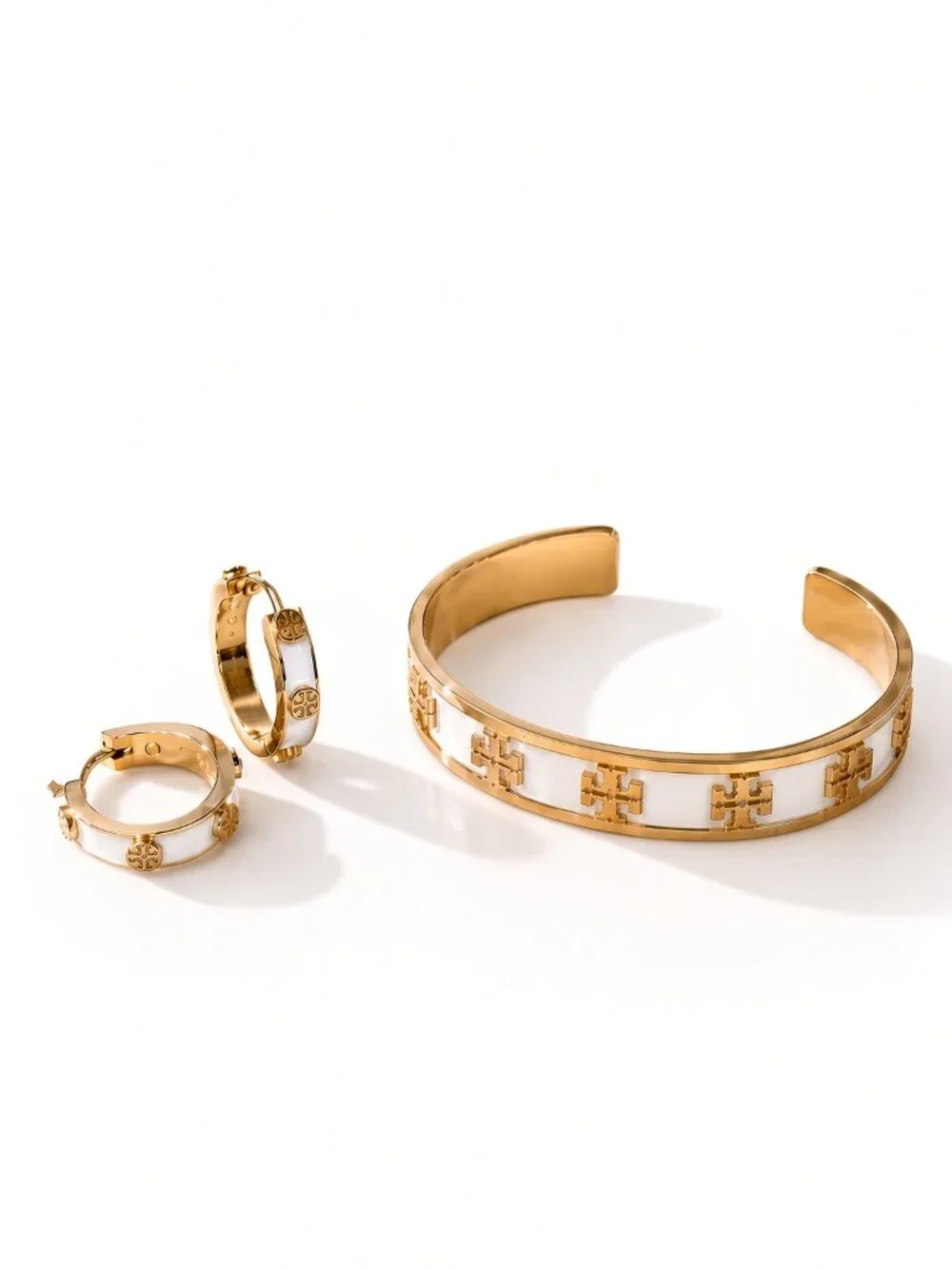 Tory Burch Gold Ivory Stud Hoop HUGGIE Earrings and Enamel Logo Cuff Bracelet